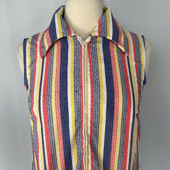 Vintage Smock Dress Size Large Red Blue Stripe Seersucker Zip Casual Retro 70s - Picture 3 of 16